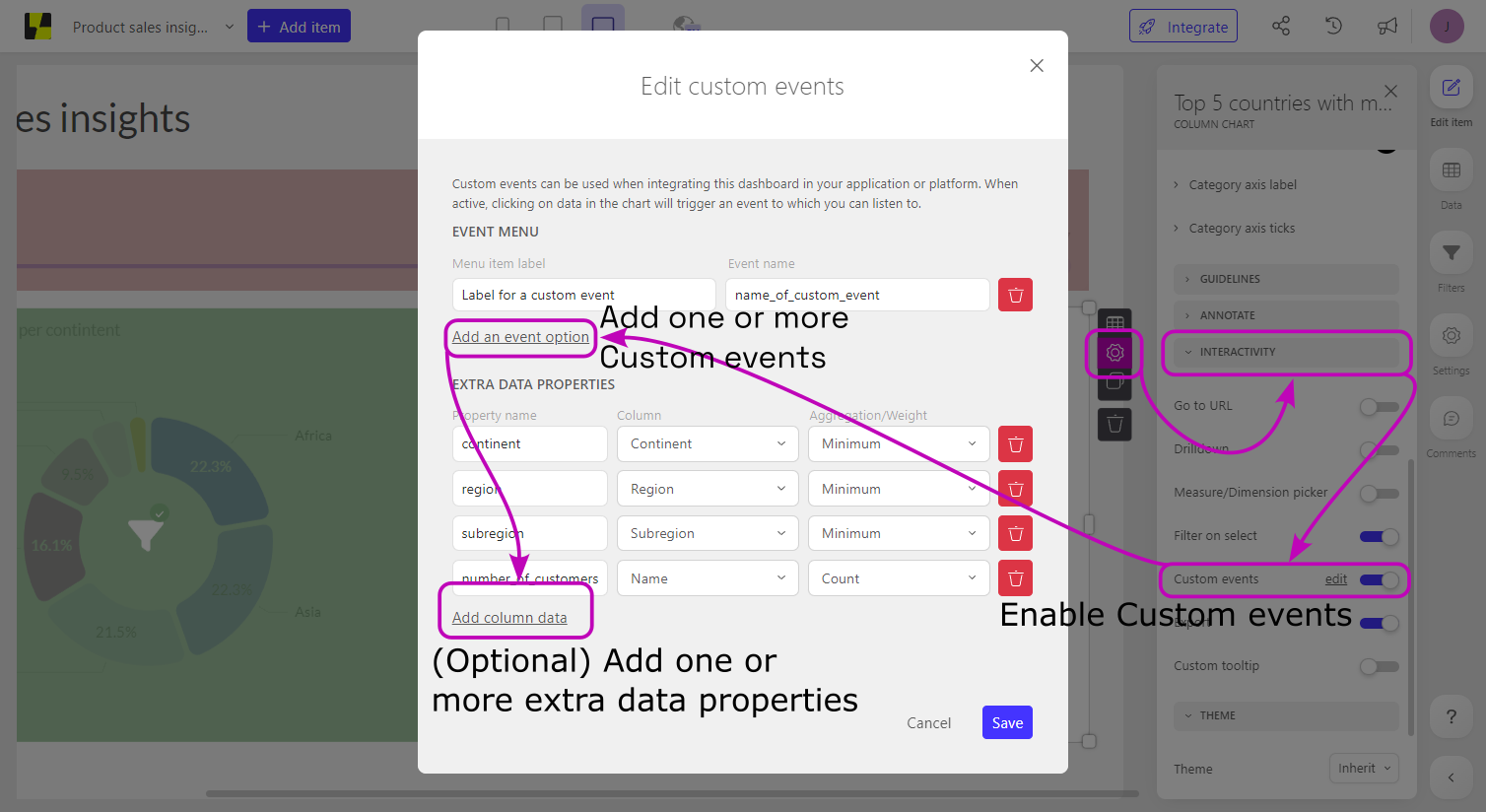Where to find and enable custom events in Luzmo
